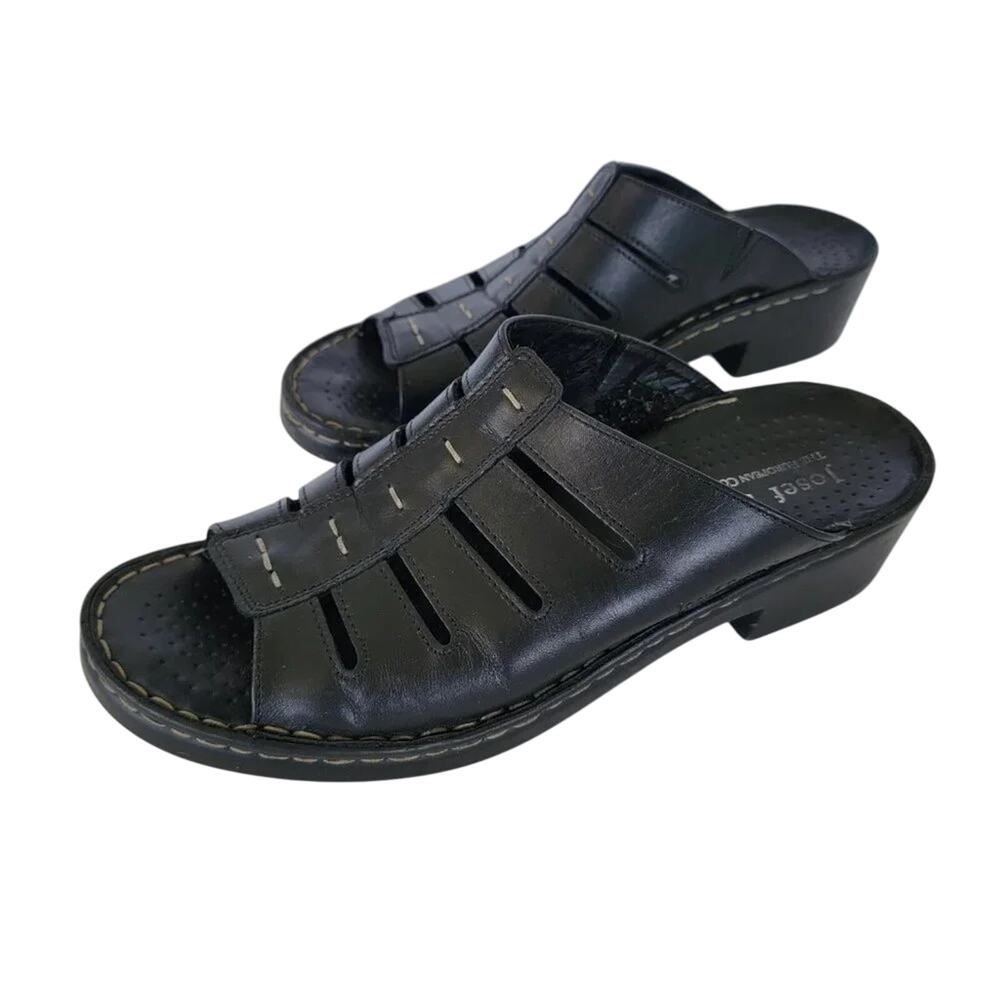 Josef Seibel Comfort Slide Leather Sandals Women Size 9 Black Casual Shoes